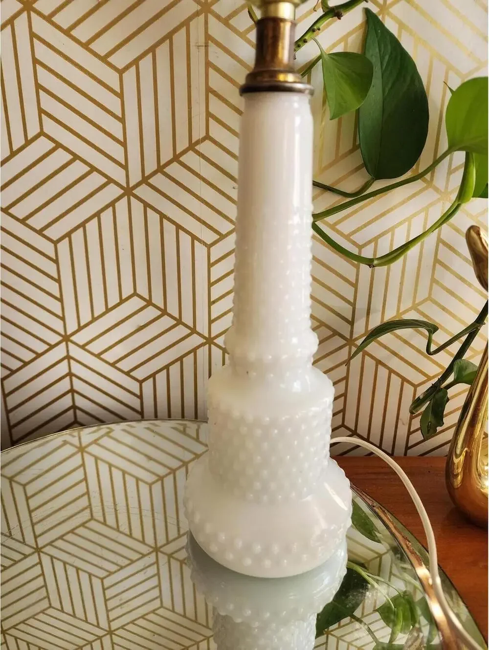 Vintage Milkglass Boudoir Table Lamp with Fringed Clip on Shade